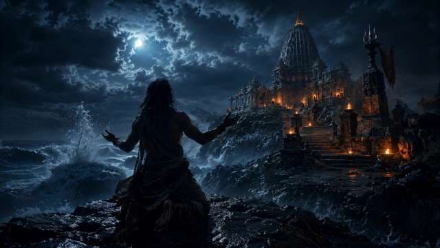 Ancient Temple and Devotee by Stormy Sea at Night