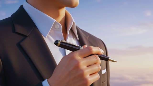 Successful Businessman Holding Luxury Pen Against Sky Background