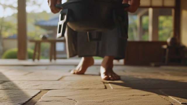Man Carrying Large Traditional Cooking Pot in Zen Courtyard