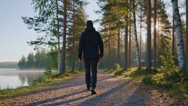 Man Walking Through Sunlit Pine Forest Near Misty Lake At Sunrise