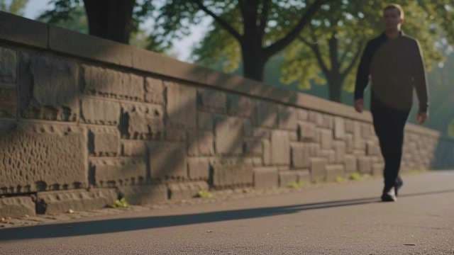 Man Walking Past Stone Wall in Sunlit City Park