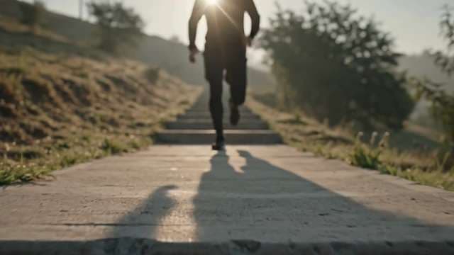 Man Running Down Outdoor Stairs at Sunrise