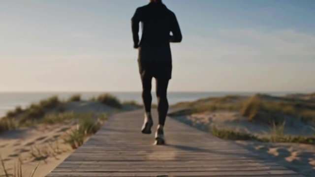 Man Jogging on Beach Boardwalk at Sunset