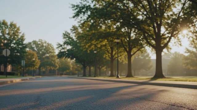 Peaceful Empty Road at Sunrise with Golden Trees