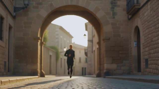 Woman Jogging Under Stone Archway in Historic Town at Sunset