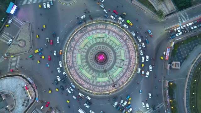 Aerial Top View of Busy Traffic Roundabout at Twilight in Lucknow
