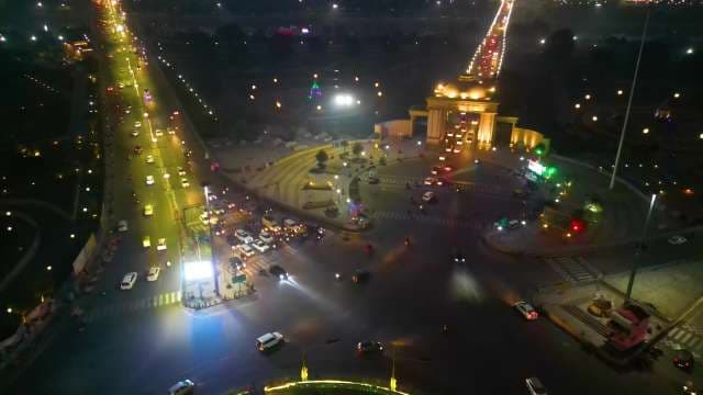 Aerial Night View of Lucknow City Traffic and Illuminated Gateway