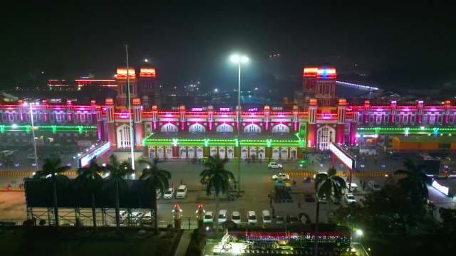 Illuminated Lucknow Charbagh Railway Station Aerial View at Night
