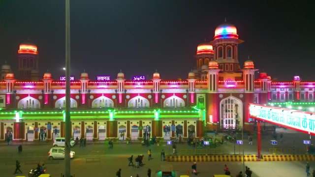 Illuminated Charbagh Railway Station Facade in Lucknow at Night