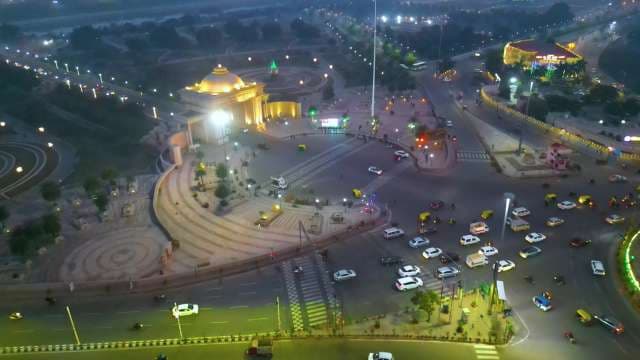 Aerial Night View of Illuminated City Circle and Grand Monument