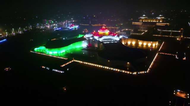 Aerial Night View of Illuminated Ambedkar Memorial Park in Lucknow India