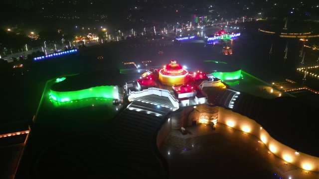 Night Aerial View of Ambedkar Memorial Park with Tricolor Lights