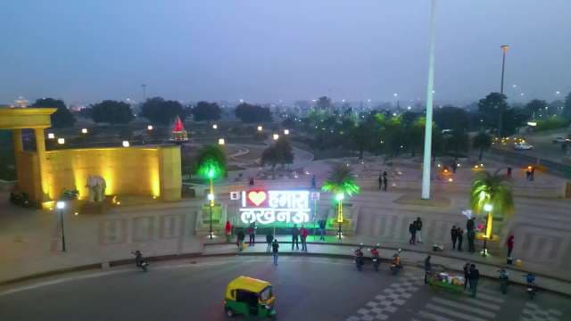 Aerial Dusk View of I Love Lucknow Sign at Public Plaza