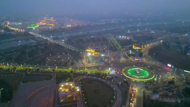 Aerial Night View of Illuminated Ambedkar Memorial Park in Lucknow India
