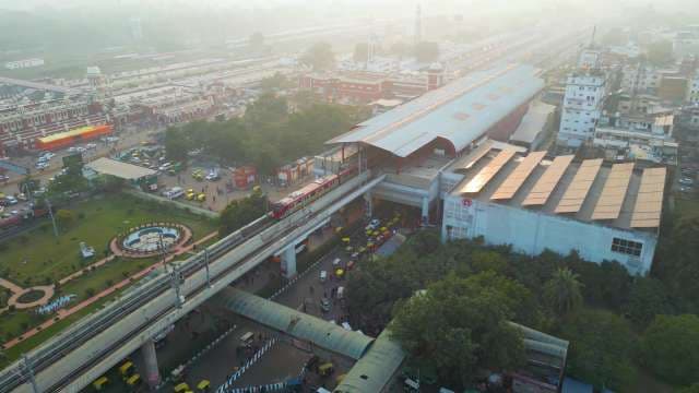 Aerial View of Lucknow Metro Train Near Charbagh Station at Dawn