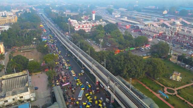 Aerial View of Busy Lucknow Traffic and Metro Infrastructure