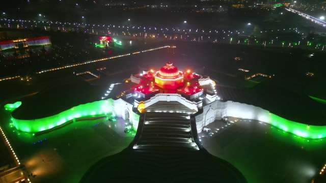Aerial View of Ambedkar Memorial Park Illuminated in Indian Tricolors