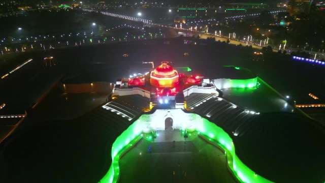 Aerial Night View of Illuminated Ambedkar Memorial Park in Lucknow