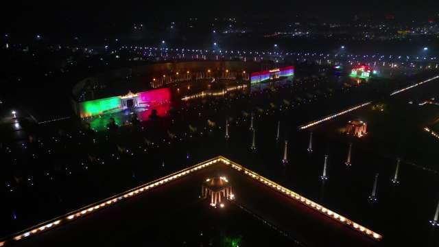 Aerial View of Illuminated Ambedkar Memorial Park at Night in Lucknow