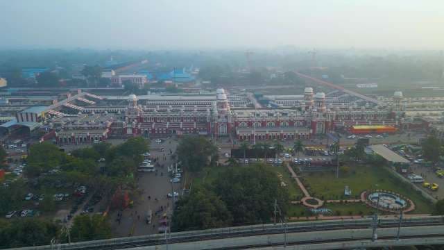 Aerial View of Lucknow Charbagh Railway Station in Morning Mist