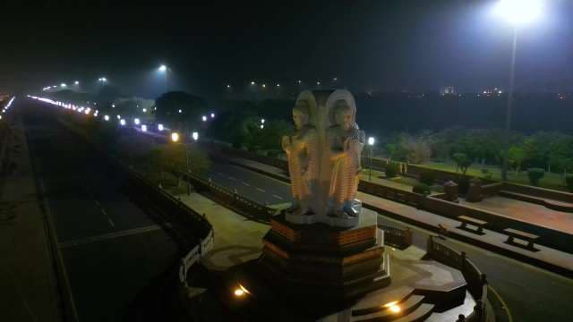 Illuminated Buddha Monument and City Park at Night, Lucknow