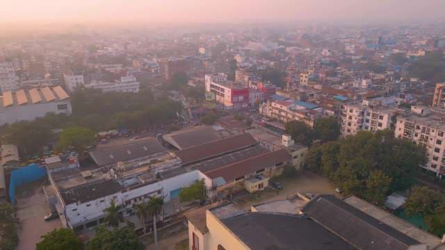 Aerial View of Dense Lucknow Cityscape Under Morning Smog
