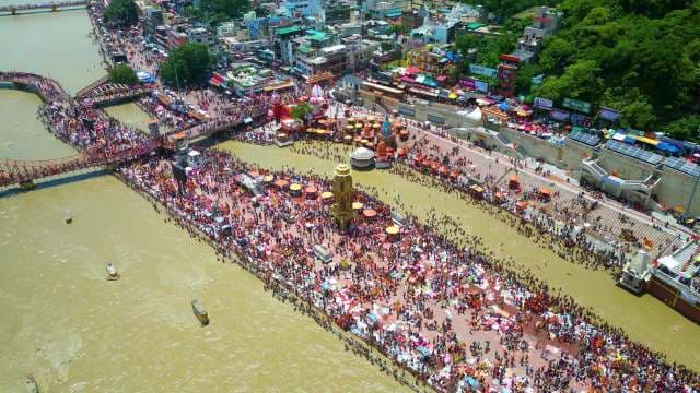 Aerial View of Crowded Har Ki Pauri Ghat in Haridwar India