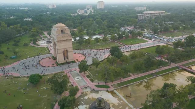 Aerial View of India Gate and Surrounding Gardens in New Delhi