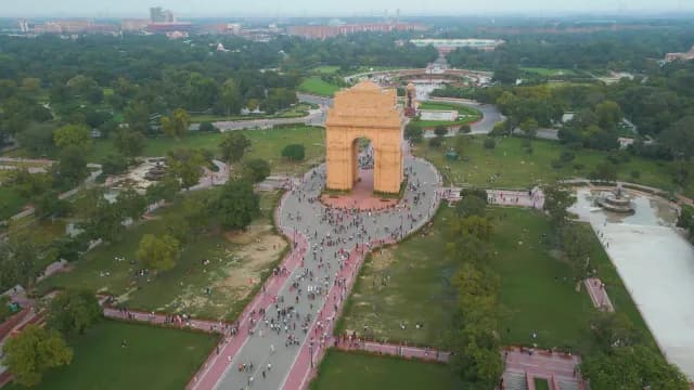 Aerial View of India Gate and Surrounding Park in New Delhi