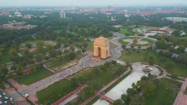 Aerial View of India Gate and Surrounding Gardens in New Delhi