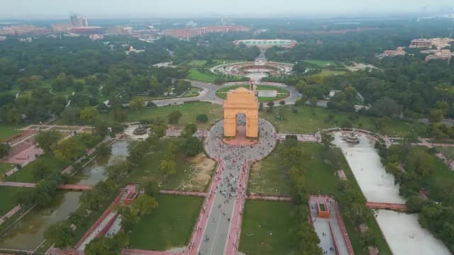 Aerial View of India Gate and Surrounding Gardens in New Delhi