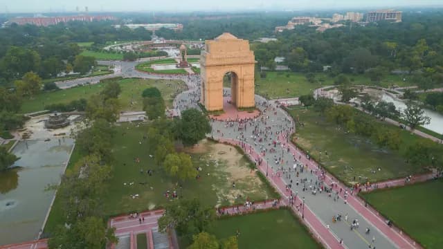 Aerial View of India Gate and Surrounding Gardens in New Delhi