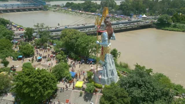 Aerial View of Lord Shiva Statue at Haridwar Ganges River