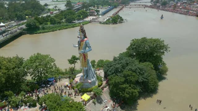 Aerial View of Lord Shiva Statue and Ganges River in Haridwar