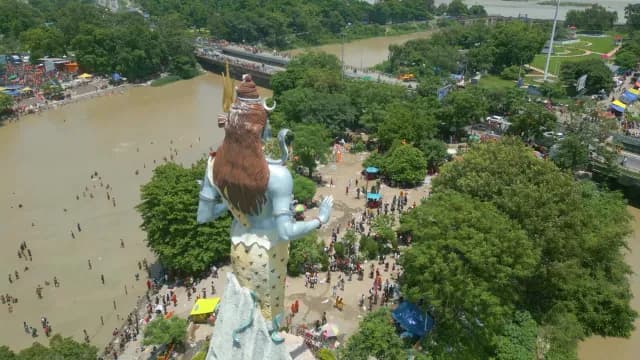 Aerial View of Lord Shiva Statue and Ganges River in Haridwar