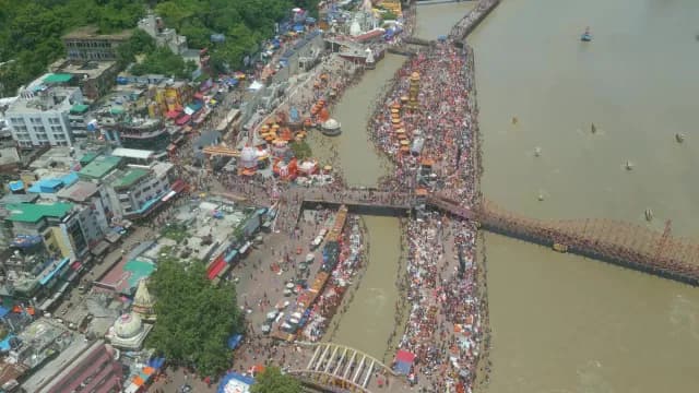Aerial View of Crowded Har Ki Pauri and Ganges River in Haridwar