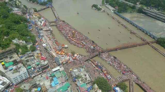 Aerial View of Crowded Har Ki Pauri Ghat in Haridwar India