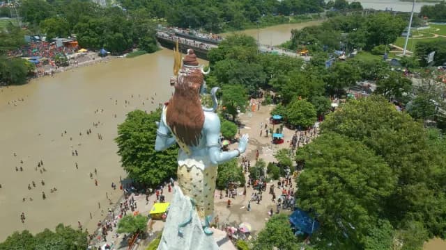 Aerial View of Lord Shiva Statue and Ganges River in Haridwar