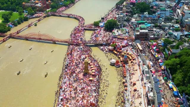 Aerial View of Har Ki Pauri Ghat Crowds in Haridwar India