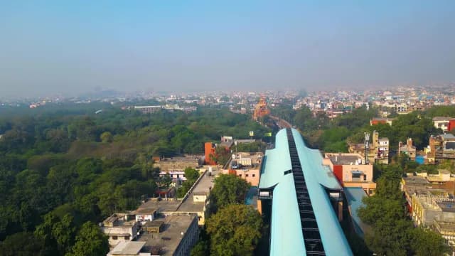 Aerial Drone View of Metro Station in New Delhi Cityscape