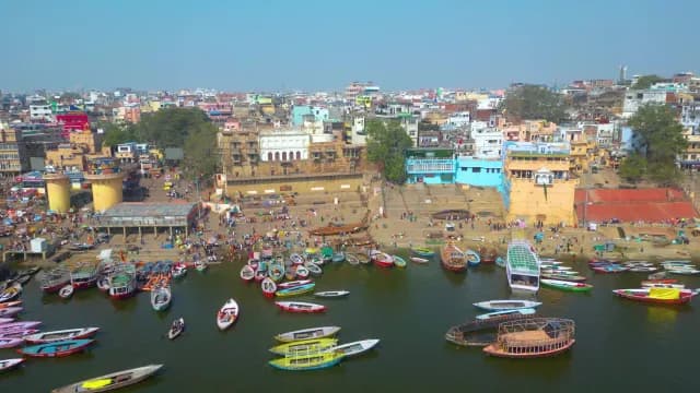 Aerial View of Busy Boats and Ghats in Varanasi India