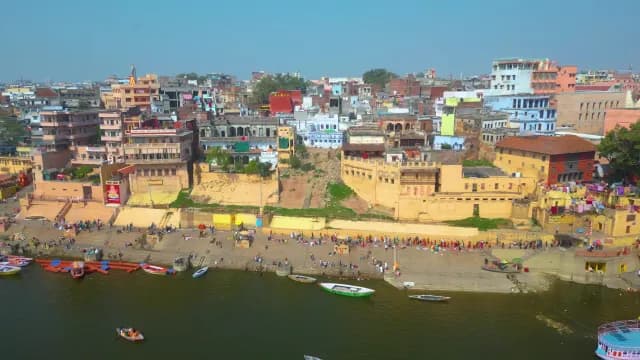 Aerial View of Ancient Varanasi Ghats and Ganges River India