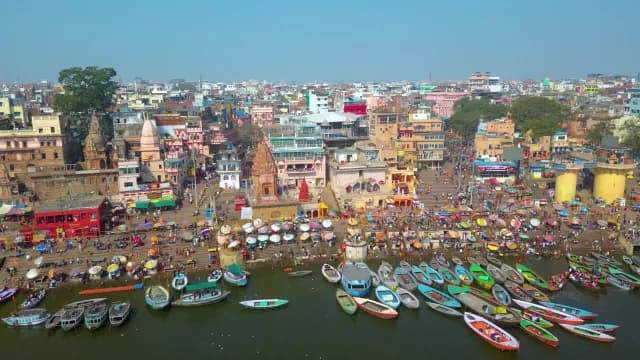 Aerial View of Varanasi Ghats and River Ganges Boats