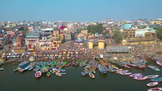 Aerial View of Colorful Boats on Ganges River in Varanasi