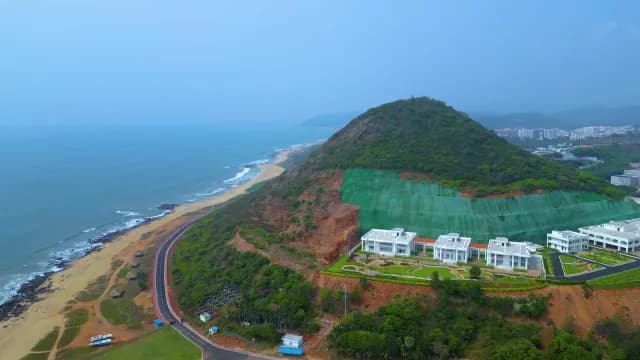 Aerial View of Coastal Buildings and Beach Road in Visakhapatnam