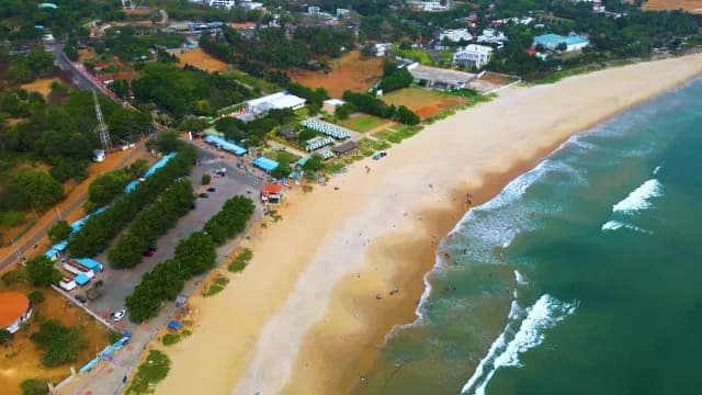 Aerial View of Tropical Beach Coastline and Turquoise Ocean Waves, Visakhapatnam