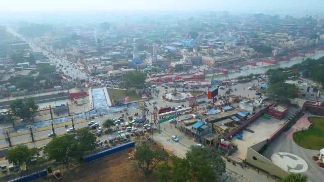 Aerial View of Ayodhya City Traffic and River Ghats in India