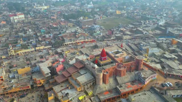 Aerial View of Red Hindu Temple in Ayodhya Cityscape