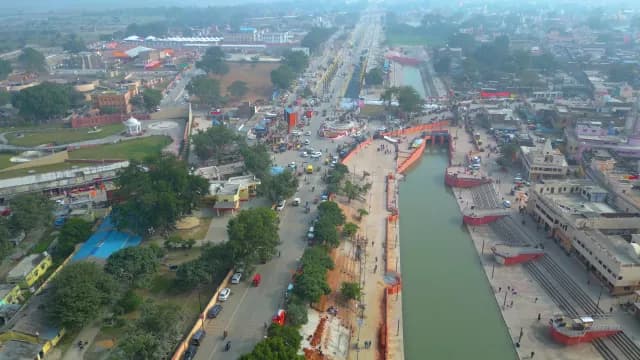 Aerial High-Angle View of Ayodhya City Streets and River Canal