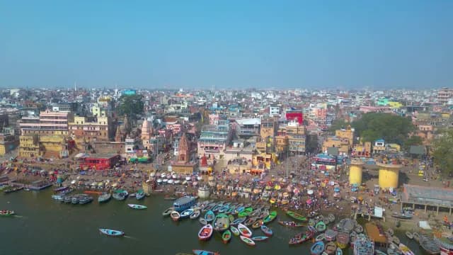 Aerial View of Varanasi Ghats and Ganges River Boats